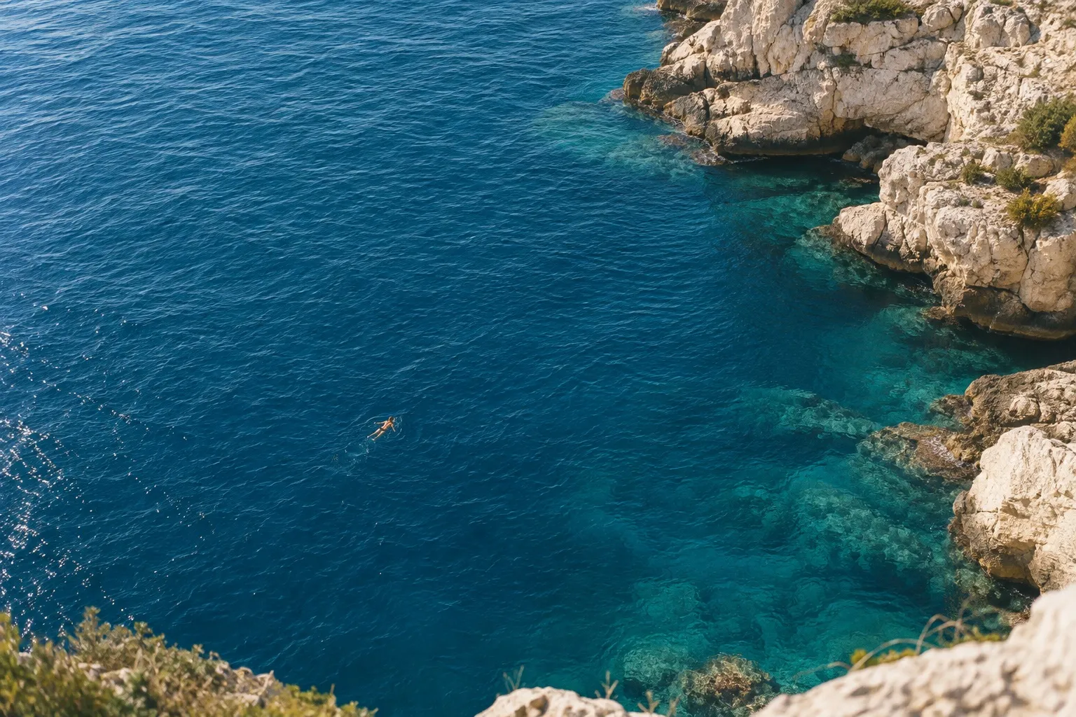 Une personne nage dans une mer bleue, au pied d’une côte ensoleillée.